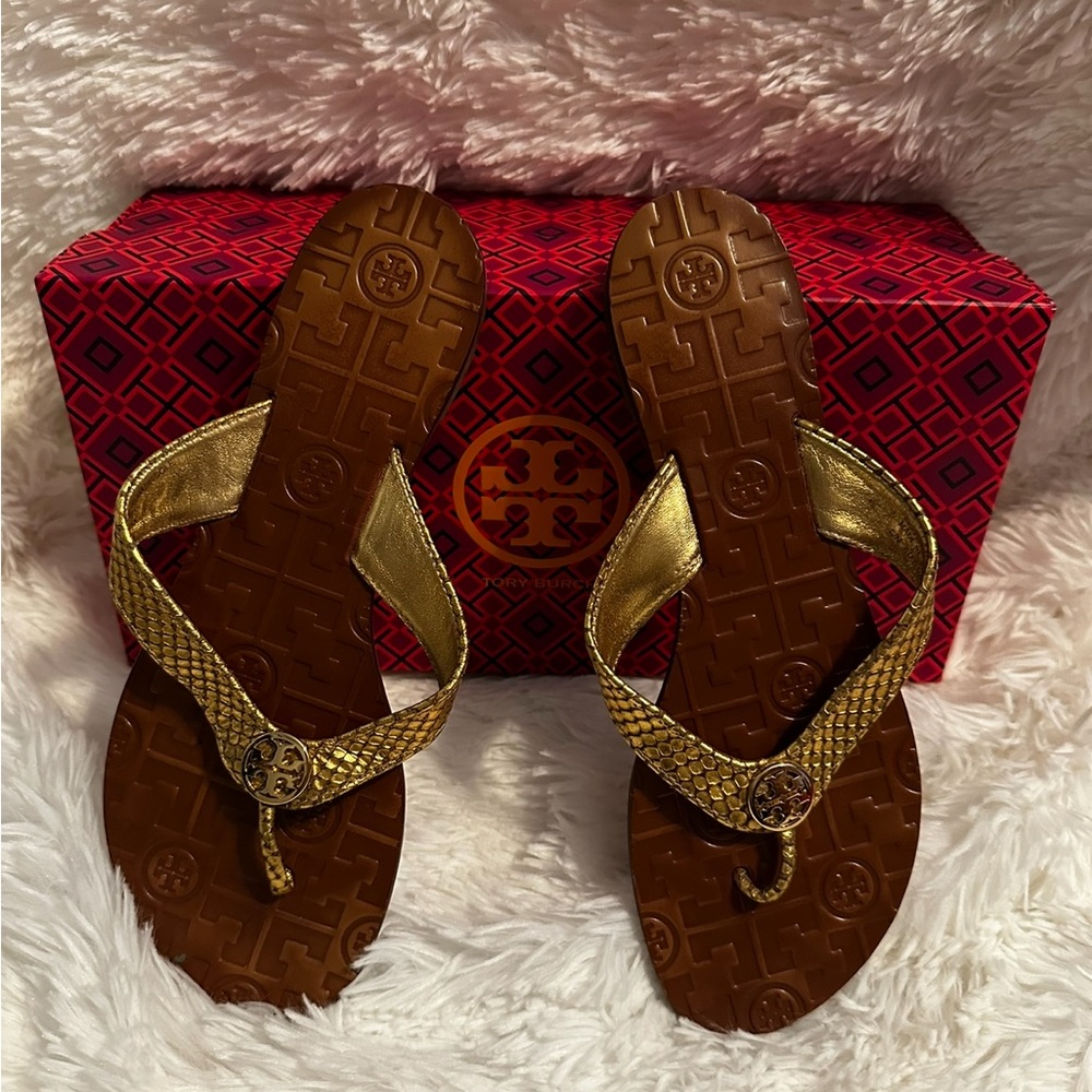 Tory Burch Gold and Brown Flip Flops